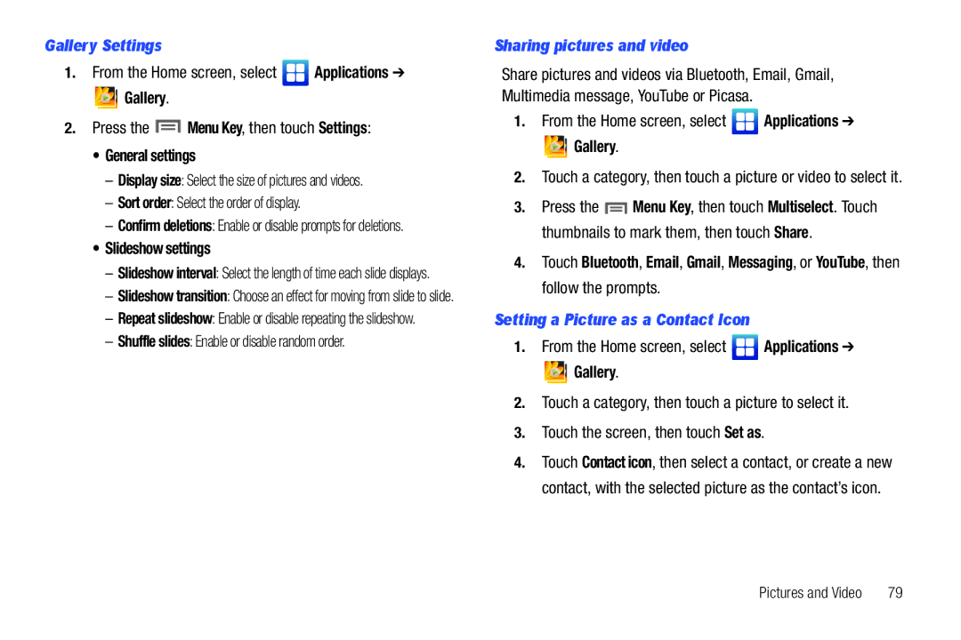 Samsung GH68-2863 Gallery Settings, Slideshow settings, Sharing pictures and video, Setting a Picture as a Contact Icon 