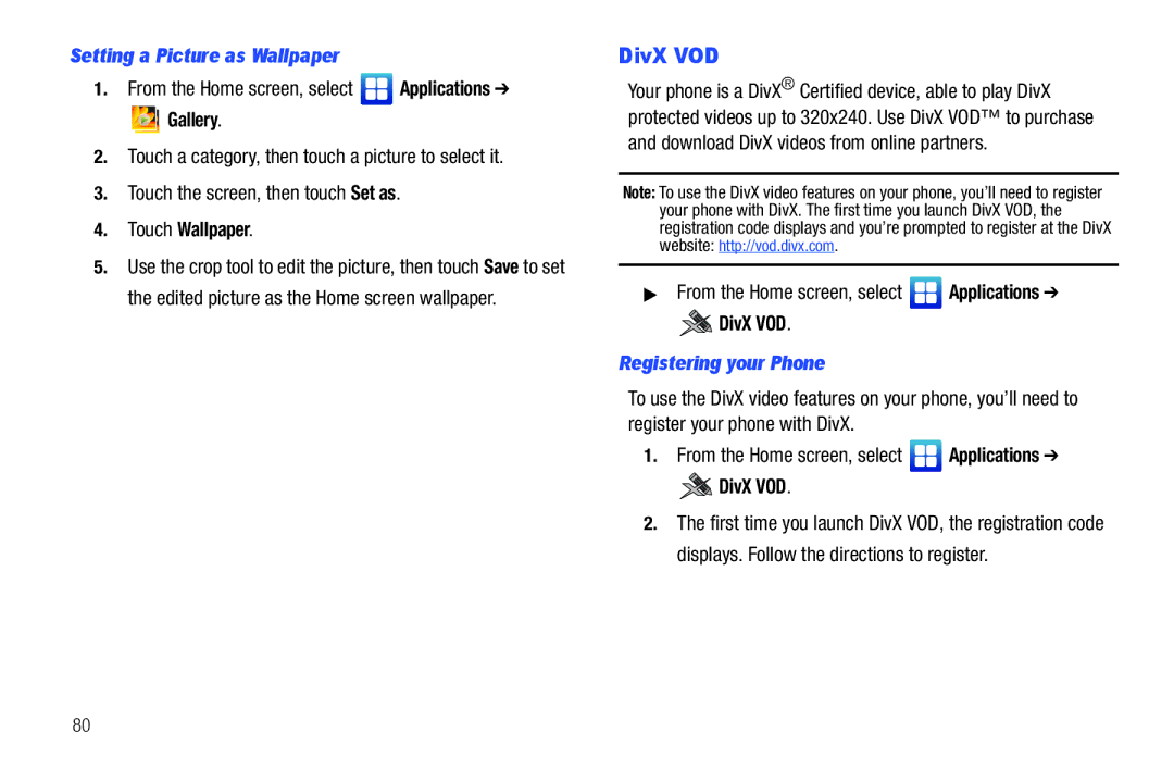 Samsung GH68-2863 user manual DivX VOD, Setting a Picture as Wallpaper, Registering your Phone 