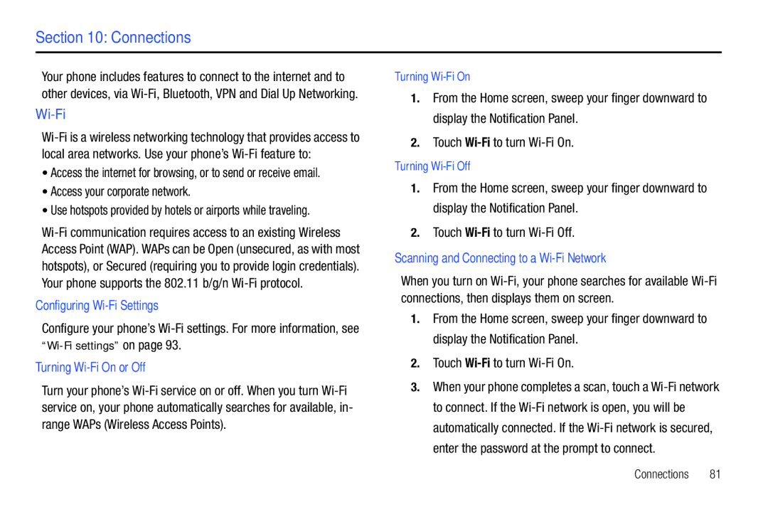 Samsung GH68-2863 user manual Connections, Configuring Wi-Fi Settings, Turning Wi-Fi On or Off 