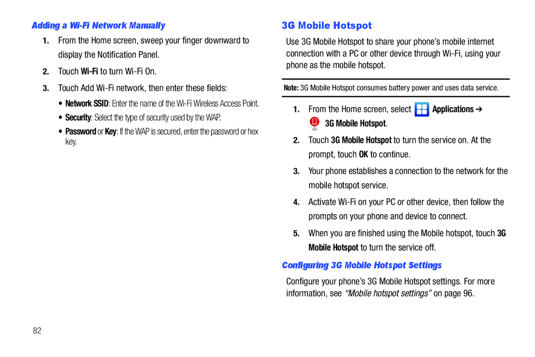 Samsung GH68-2863 user manual Adding a Wi-Fi Network Manually, Configuring 3G Mobile Hotspot Settings 