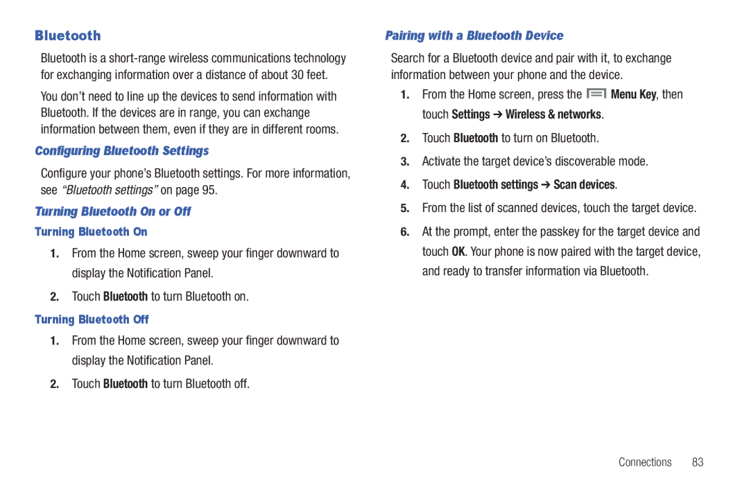 Samsung GH68-2863 Configuring Bluetooth Settings, Turning Bluetooth On or Off, Pairing with a Bluetooth Device 