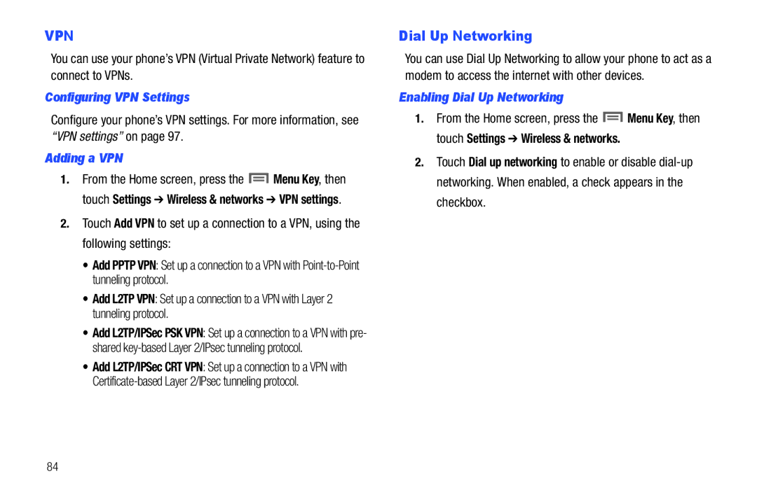 Samsung GH68-2863 user manual Configuring VPN Settings, Adding a VPN, Enabling Dial Up Networking 