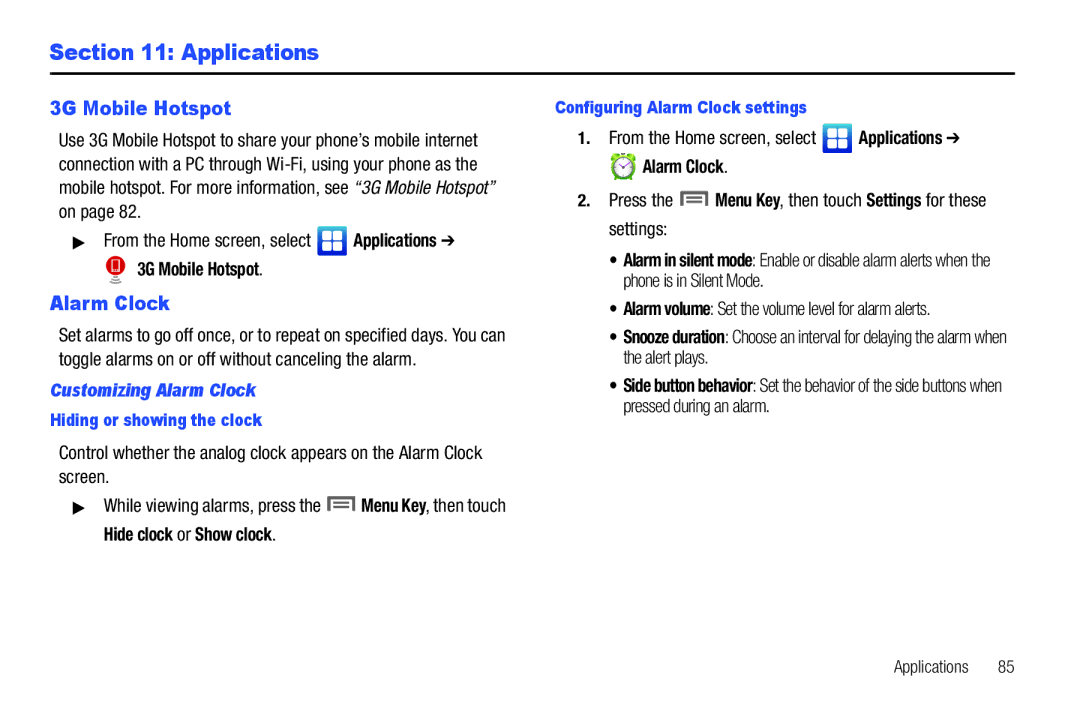 Samsung GH68-2863 Applications, Customizing Alarm Clock, Press the Menu Key, then touch Settings for these settings 