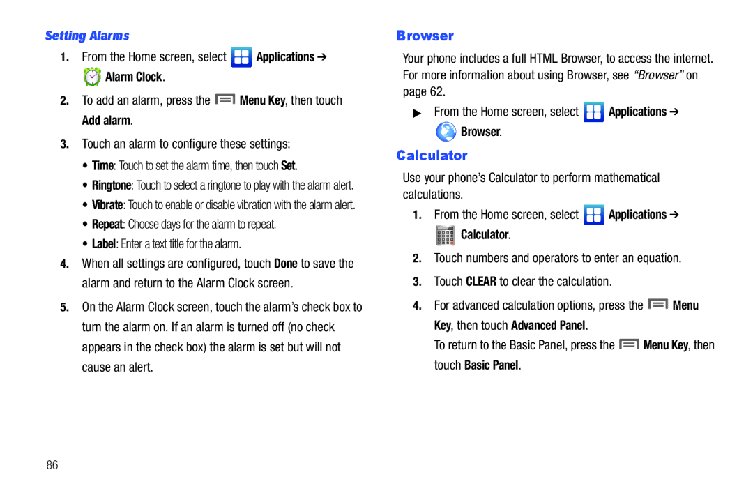 Samsung GH68-2863 user manual Calculator, Setting Alarms, Browser, Time Touch to set the alarm time, then touch Set 