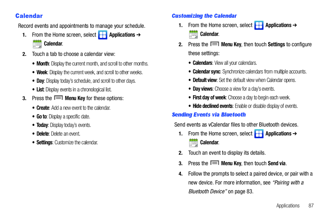 Samsung GH68-2863 user manual Customizing the Calendar, Sending Events via Bluetooth 