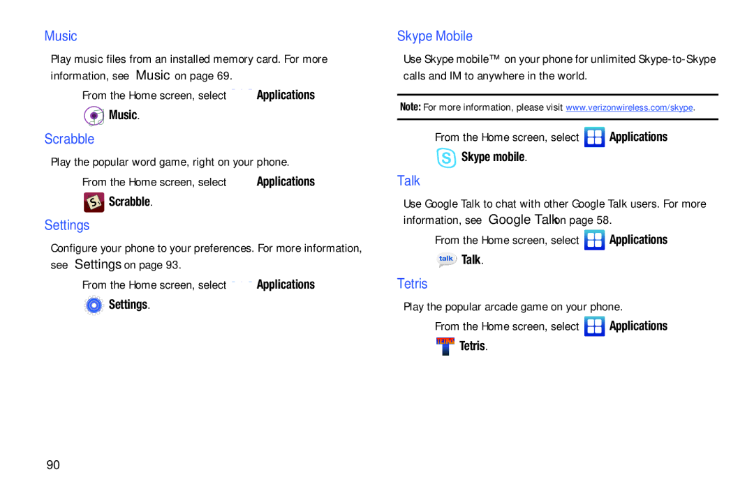 Samsung GH68-2863 user manual Scrabble, Settings, Skype Mobile, Talk, Tetris 