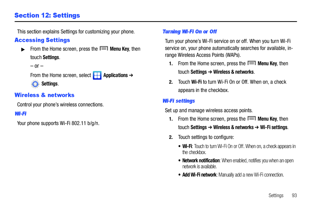 Samsung GH68-2863 user manual Accessing Settings, Wireless & networks, Wi-Fi settings 