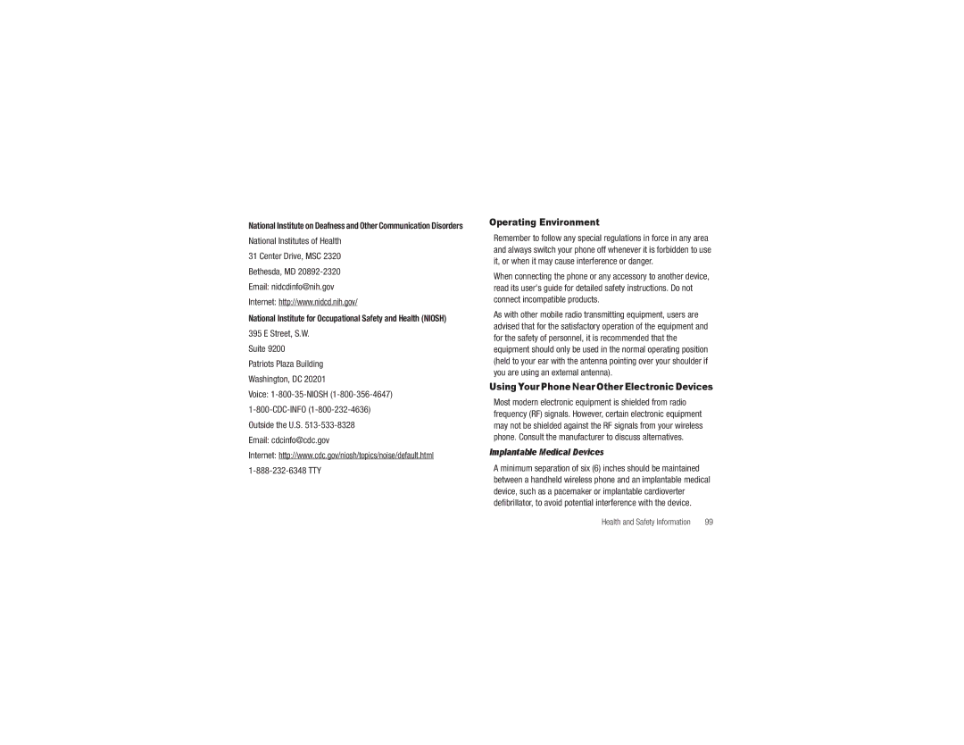 Samsung GH68-29815A Operating Environment, Using Your Phone Near Other Electronic Devices, Implantable Medical Devices 