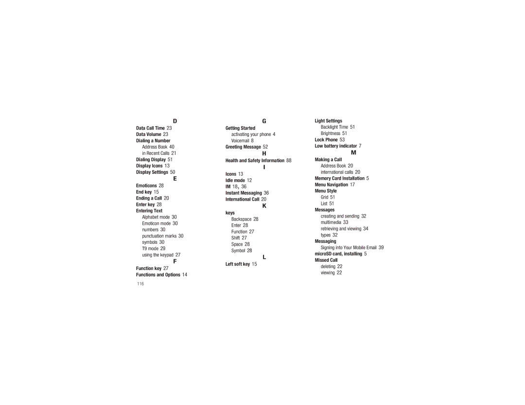 Samsung GH68-29815A Data Call Time Data Volume Dialing a Number, Getting Started, Left soft key Light Settings, Messages 