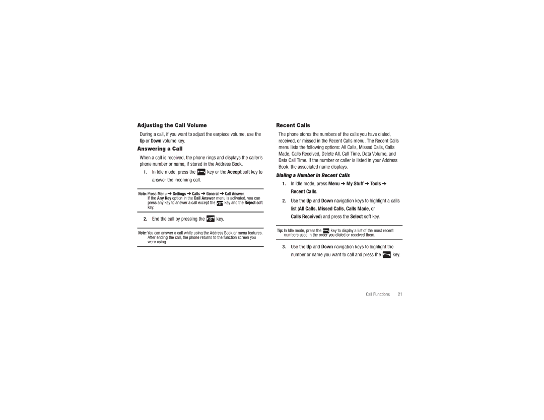 Samsung GH68-29815A user manual Adjusting the Call Volume, Answering a Call, Recent Calls 