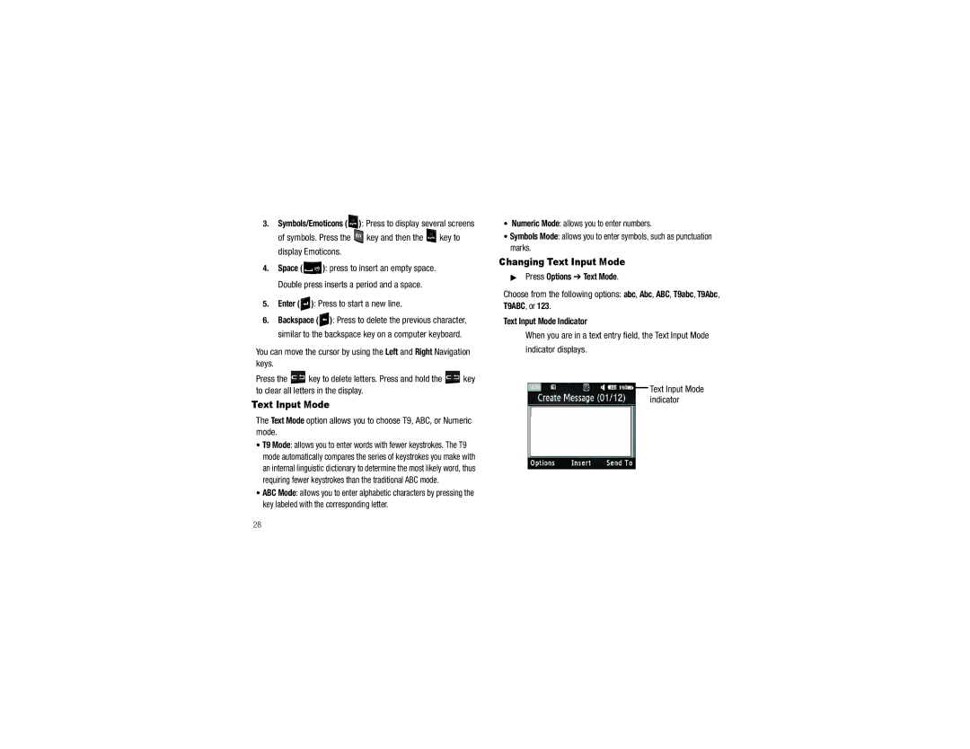 Samsung GH68-29815A user manual Enter Press to start a new line, Changing Text Input Mode, Indicator displays 