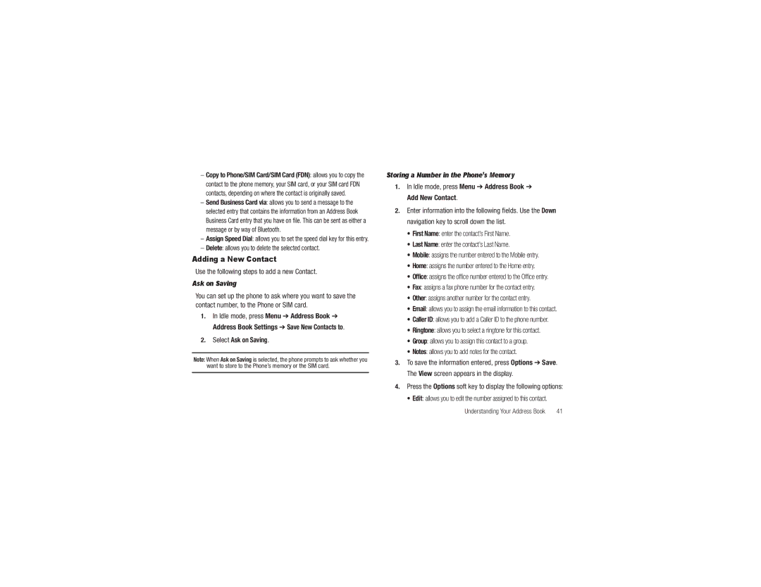 Samsung GH68-29815A user manual Adding a New Contact, Use the following steps to add a new Contact 