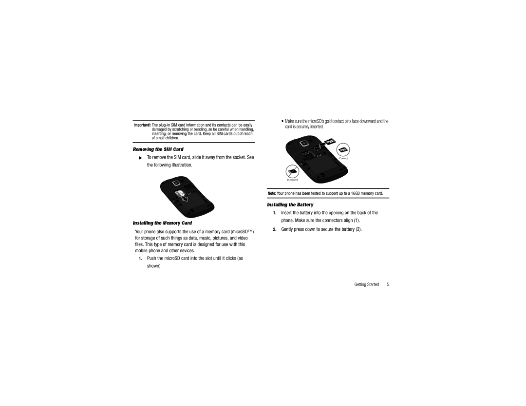 Samsung GH68-29815A user manual Gently press down to secure the battery, Removing the SIM Card, Installing the Memory Card 