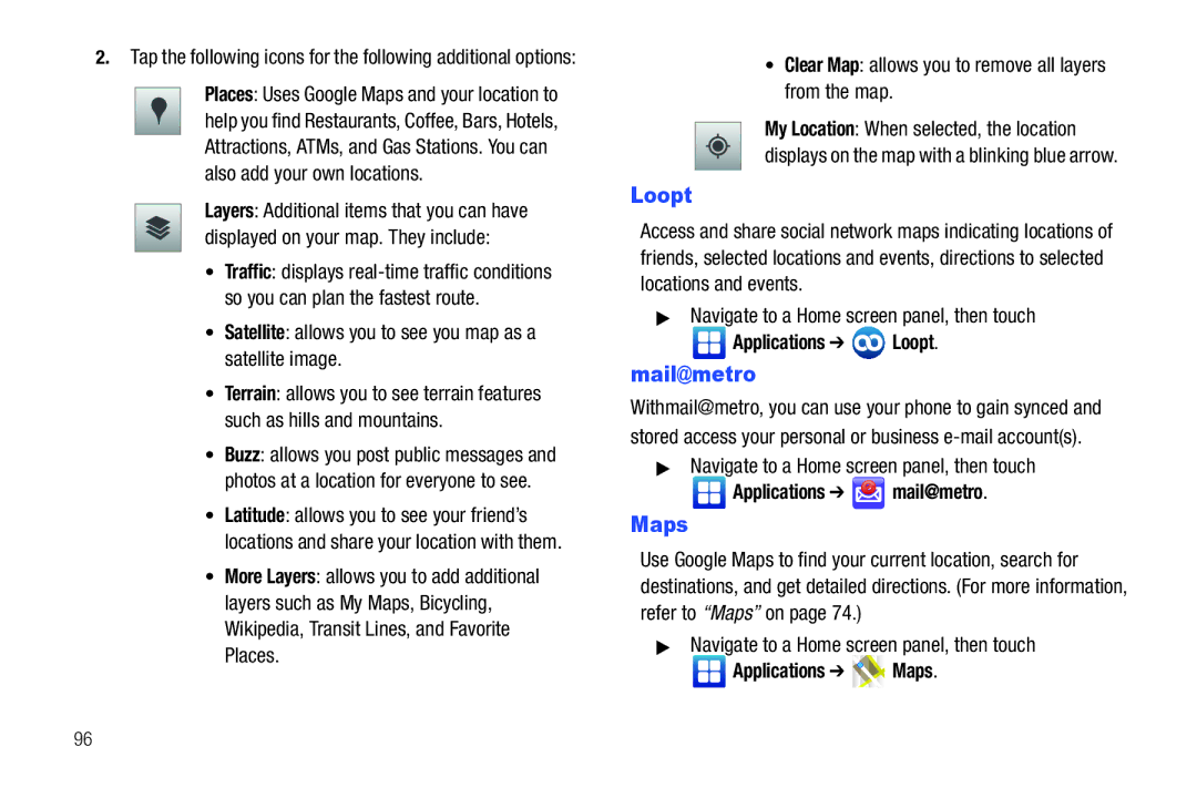 Samsung GH68-32785A user manual Mail@metro, Applications Loopt, Applications mail@metro 