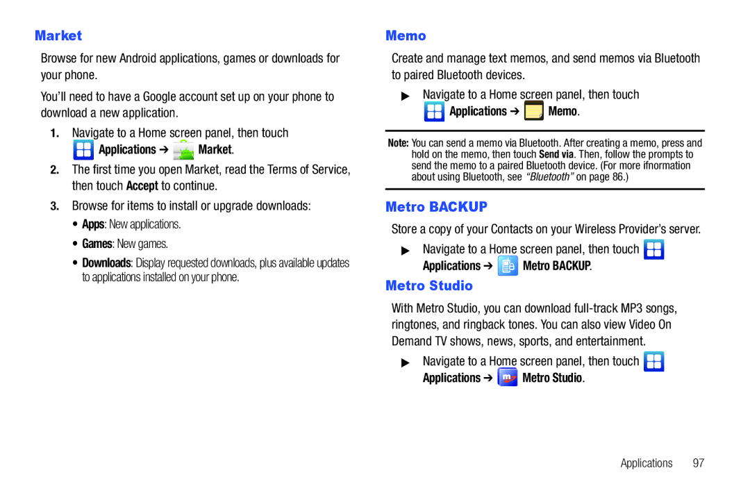 Samsung GH68-32785A user manual Market, Memo, Metro Backup, Metro Studio 