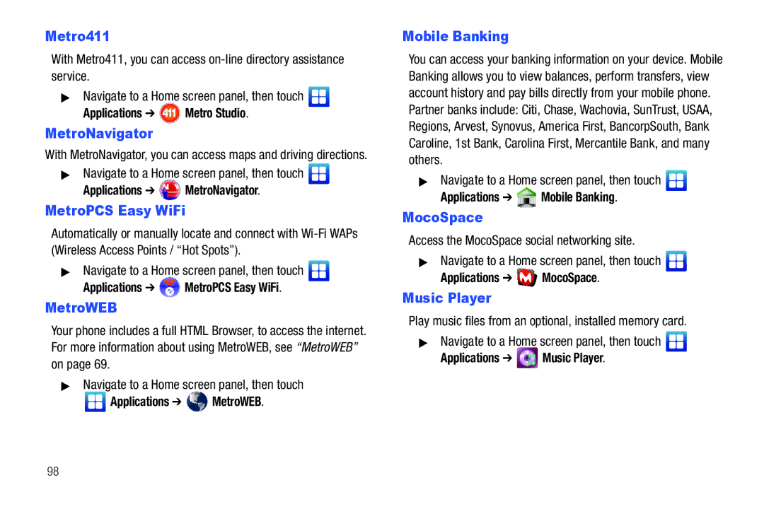 Samsung GH68-32785A user manual Metro411, MetroPCS Easy WiFi, Mobile Banking, MocoSpace 