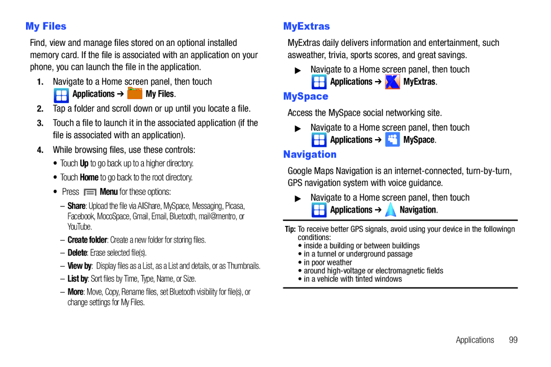 Samsung GH68-32785A user manual My Files, MyExtras, MySpace 