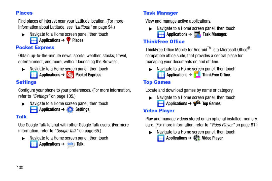 Samsung GH68-32785A user manual Places, Pocket Express, Settings, Talk, Task Manager, ThinkFree Office, Top Games 