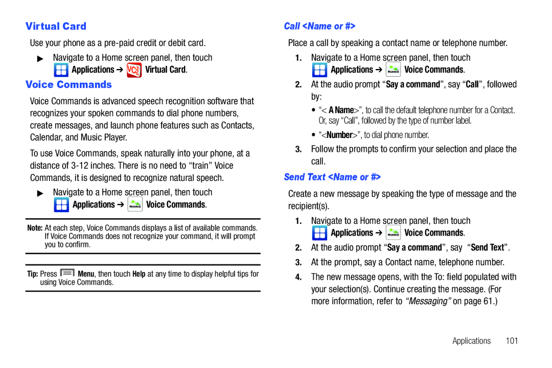 Samsung GH68-32785A user manual Virtual Card, Voice Commands, Call Name or #, Send Text Name or # 