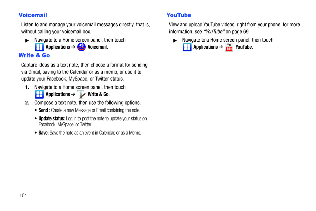 Samsung GH68-32785A user manual Applications Voicemail, Applications Write & Go, 104 