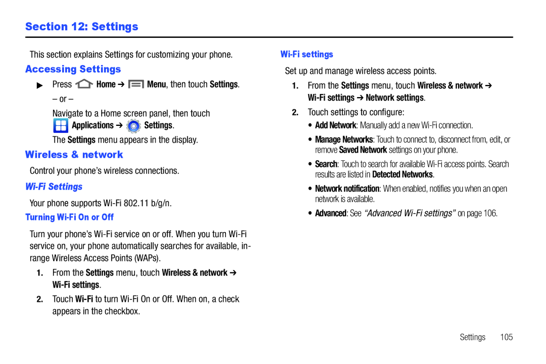 Samsung GH68-32785A user manual Accessing Settings, Wireless & network, Wi-Fi Settings 