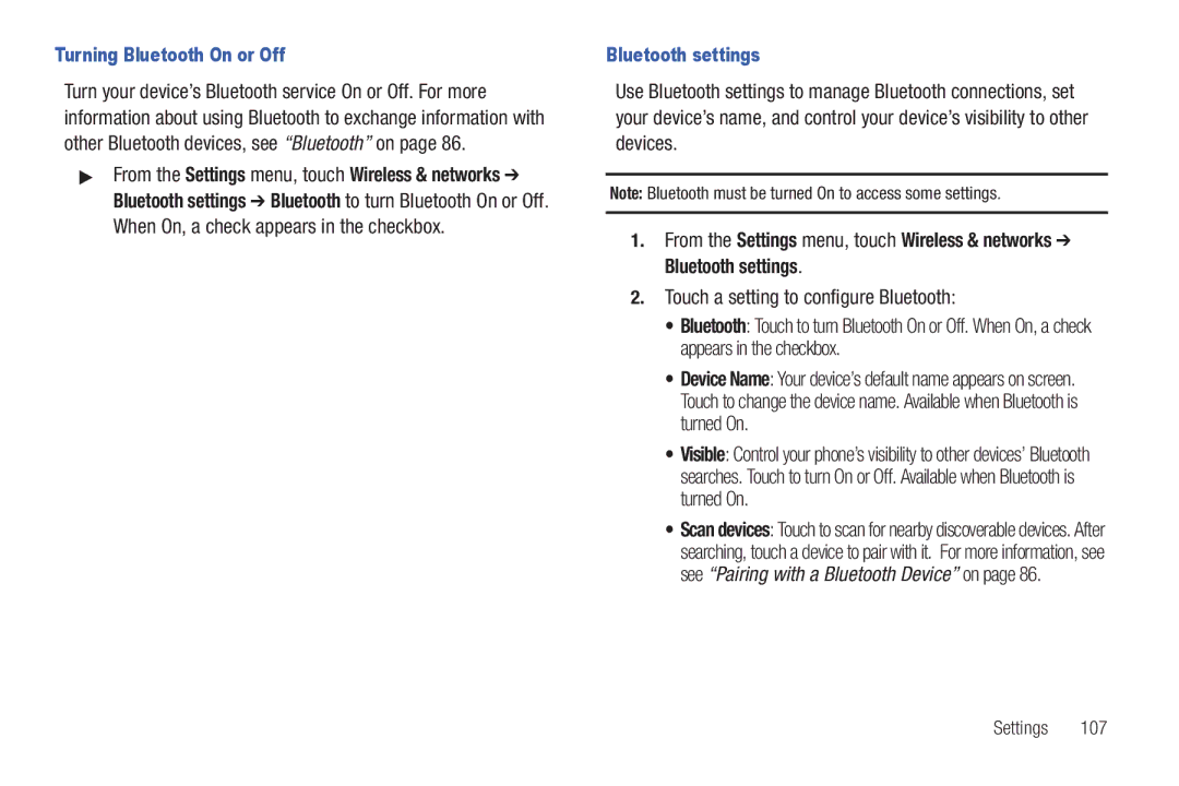 Samsung GH68-32785A user manual Touch a setting to configure Bluetooth, Turning Bluetooth On or Off, Bluetooth settings 