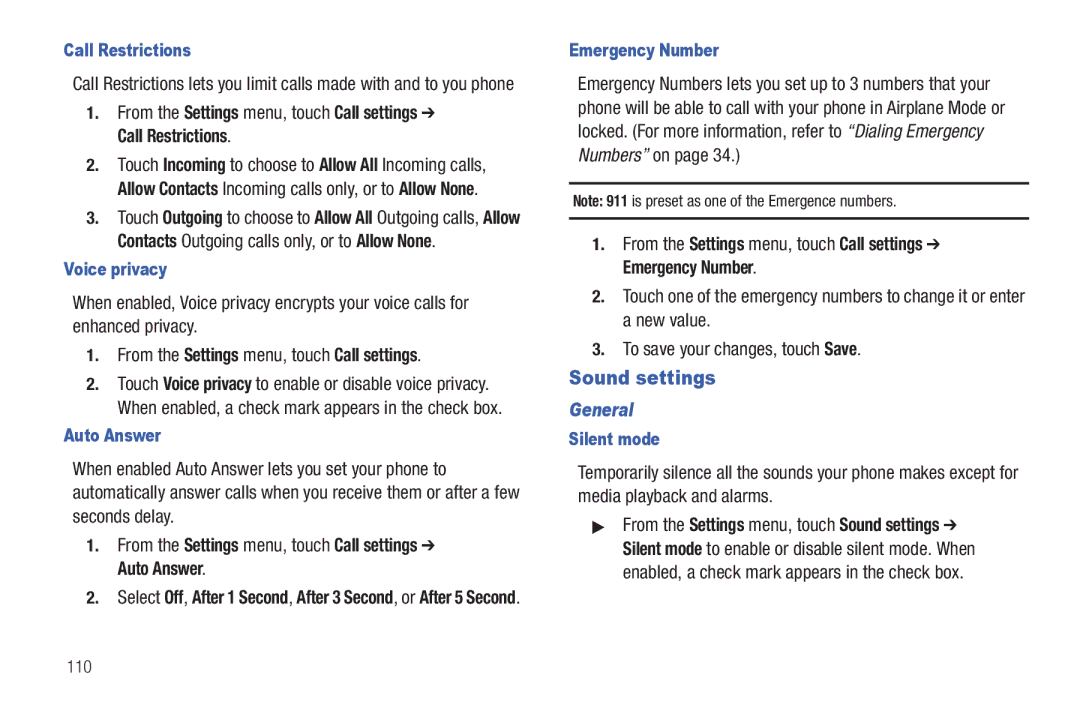 Samsung GH68-32785A user manual Sound settings, From the Settings menu, touch Call settings Auto Answer, General 