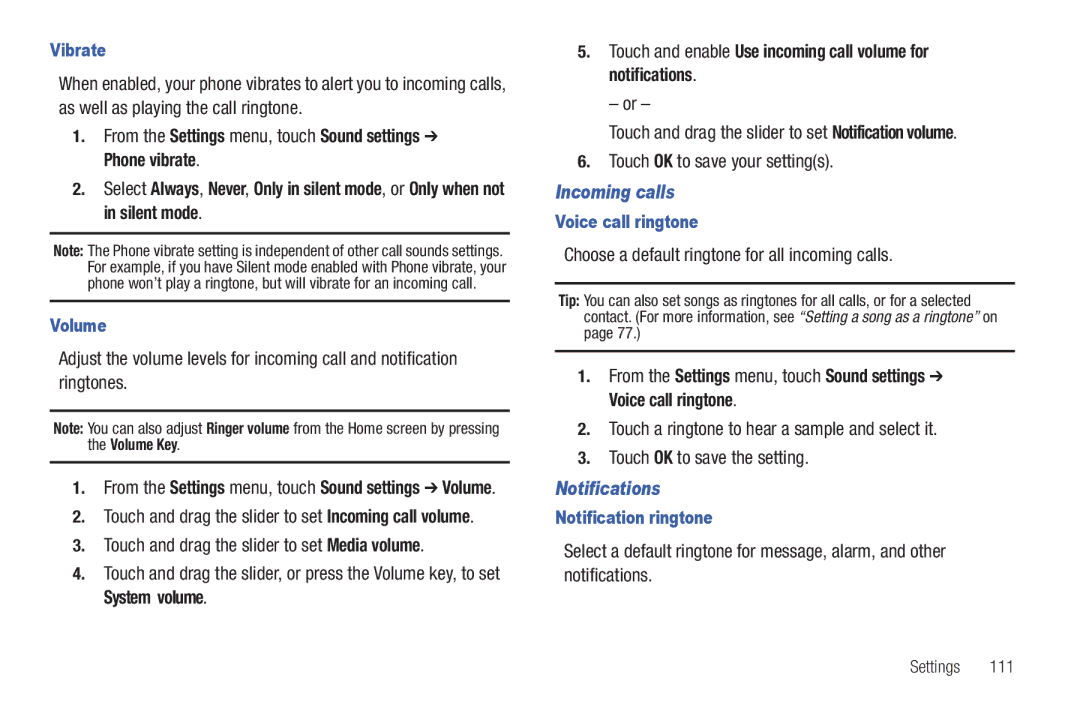 Samsung GH68-32785A user manual Touch and enable Use incoming call volume for notifications, Incoming calls, Notifications 