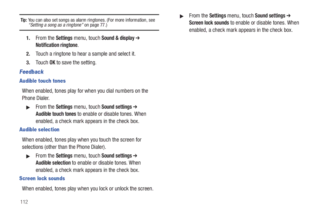 Samsung GH68-32785A user manual Feedback, Audible touch tones, Audible selection, Screen lock sounds 