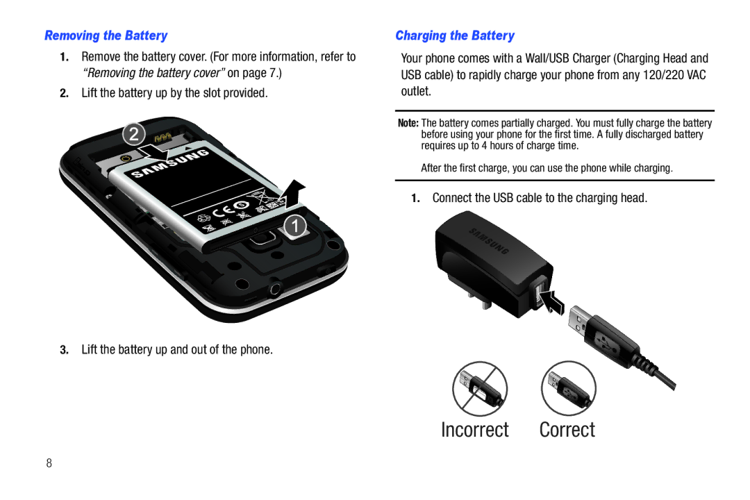 Samsung GH68-32785A user manual Removing the Battery, Charging the Battery, Connect the USB cable to the charging head 