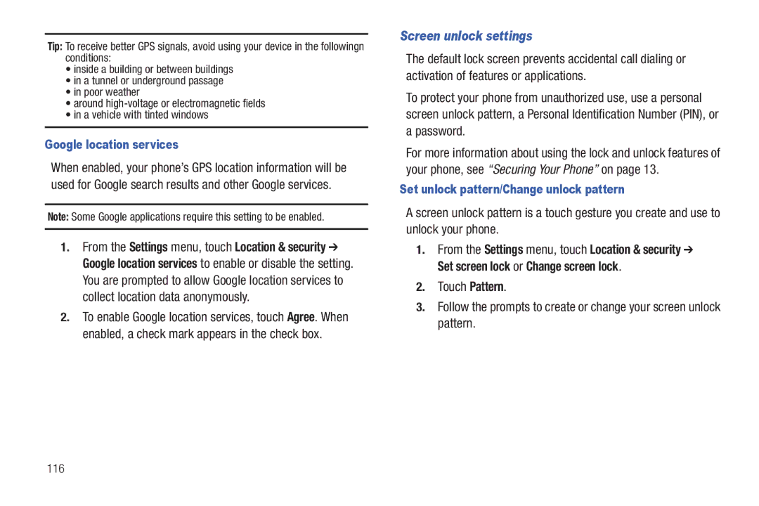 Samsung GH68-32785A Screen unlock settings, Google location services, Set unlock pattern/Change unlock pattern, 116 