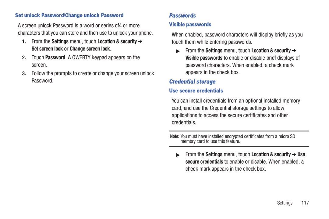 Samsung GH68-32785A Passwords, Credential storage, Set unlock Password/Change unlock Password, Visible passwords 