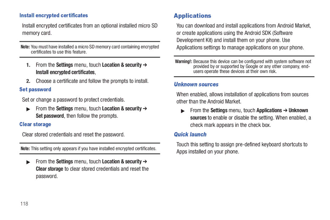 Samsung GH68-32785A Applications, Set or change a password to protect credentials, Unknown sources, Quick launch 