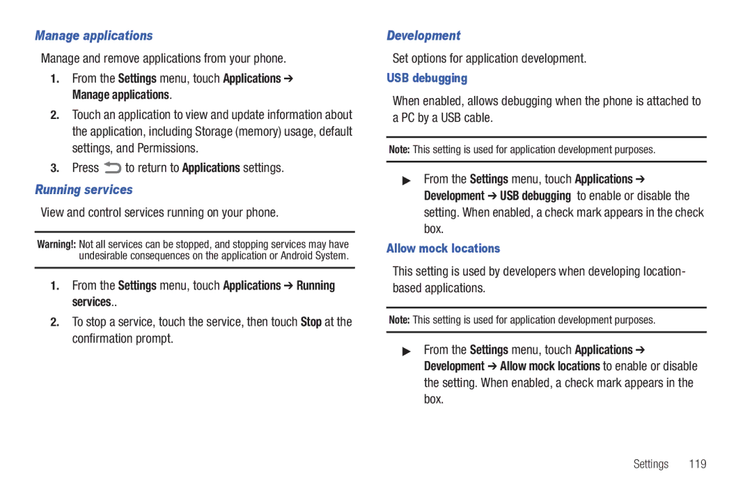 Samsung GH68-32785A Manage applications, From the Settings menu, touch Applications Running services, Development 