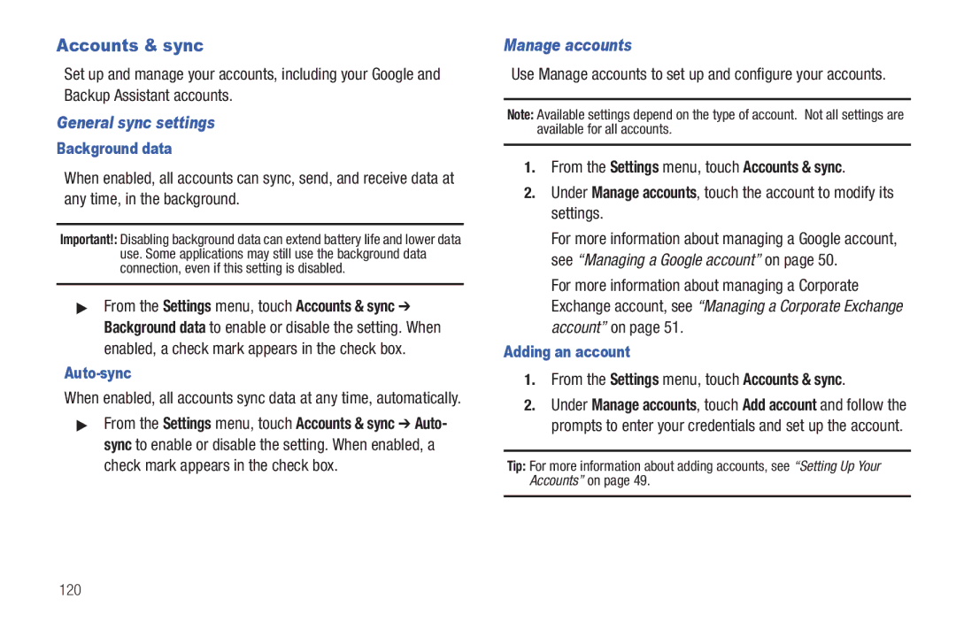 Samsung GH68-32785A user manual General sync settings, Manage accounts, From the Settings menu, touch Accounts & sync 