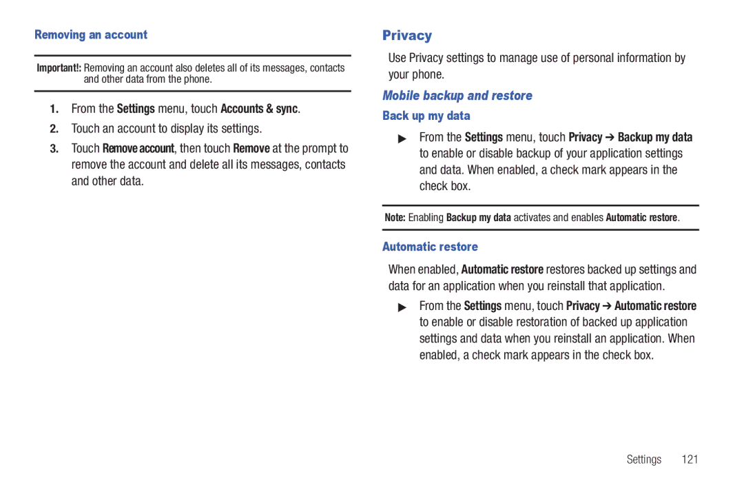 Samsung GH68-32785A user manual Privacy, Touch an account to display its settings, Mobile backup and restore 