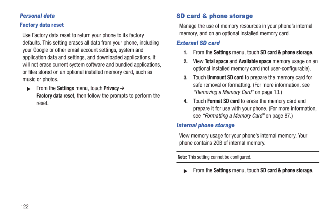 Samsung GH68-32785A SD card & phone storage, Personal data, External SD card, Internal phone storage, Factory data reset 