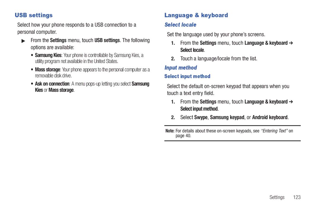 Samsung GH68-32785A user manual USB settings, Language & keyboard, Select locale, Input method 