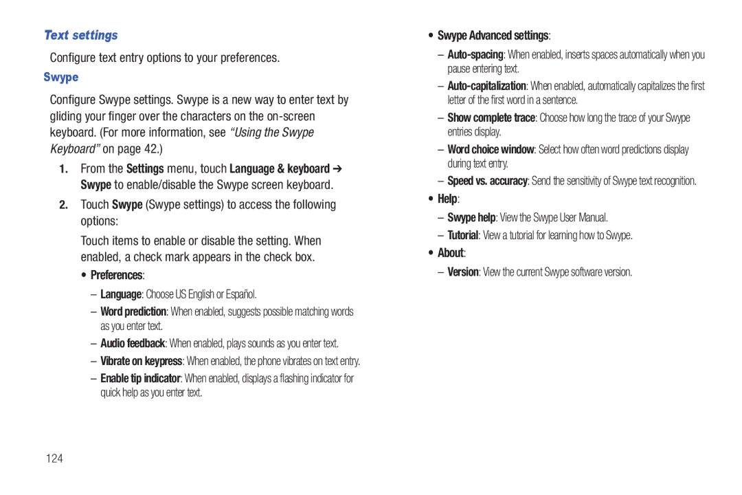 Samsung GH68-32785A user manual Text settings, Preferences, Swype Advanced settings, Help, About 