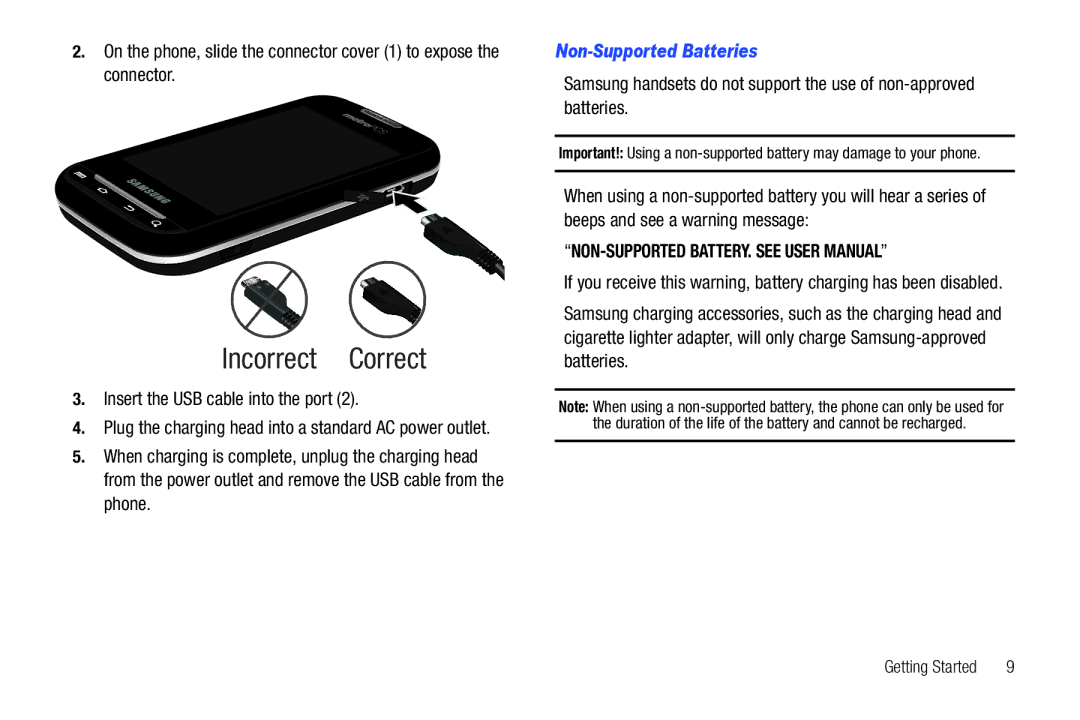 Samsung GH68-32785A user manual Insert the USB cable into the port, Non-Supported Batteries 