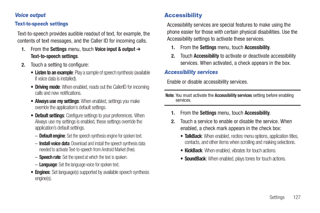 Samsung GH68-32785A user manual Voice output, From the Settings menu, touch Accessibility, Accessibility services 