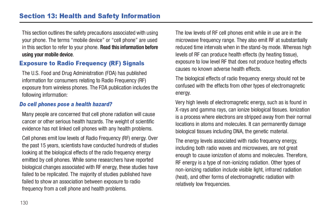 Samsung GH68-32785A user manual Health and Safety Information, Exposure to Radio Frequency RF Signals 