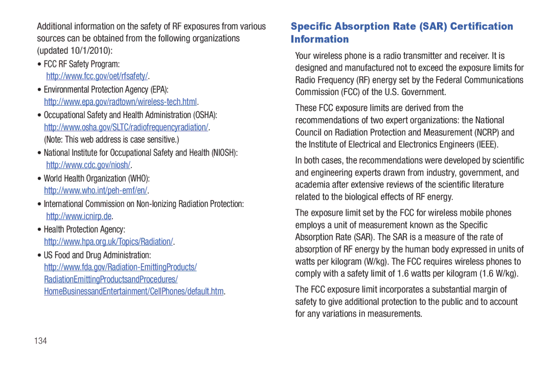 Samsung GH68-32785A user manual Specific Absorption Rate SAR Certification Information, 134 