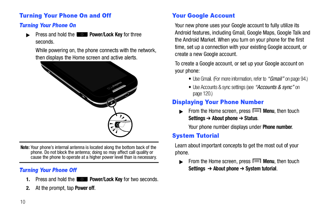 Samsung GH68-32785A user manual Turning Your Phone On and Off, Your Google Account, System Tutorial, Turning Your Phone Off 