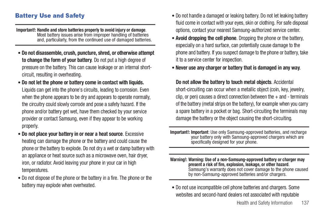 Samsung GH68-32785A user manual Battery Use and Safety, 137 