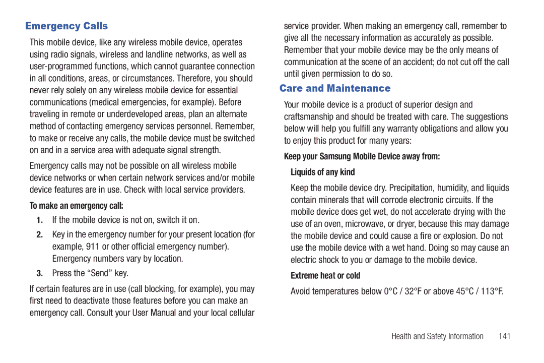 Samsung GH68-32785A user manual Emergency Calls, Care and Maintenance, To make an emergency call, Extreme heat or cold 