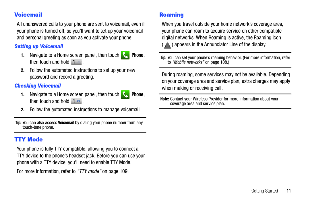 Samsung GH68-32785A user manual TTY Mode, Roaming, Setting up Voicemail, Checking Voicemail 