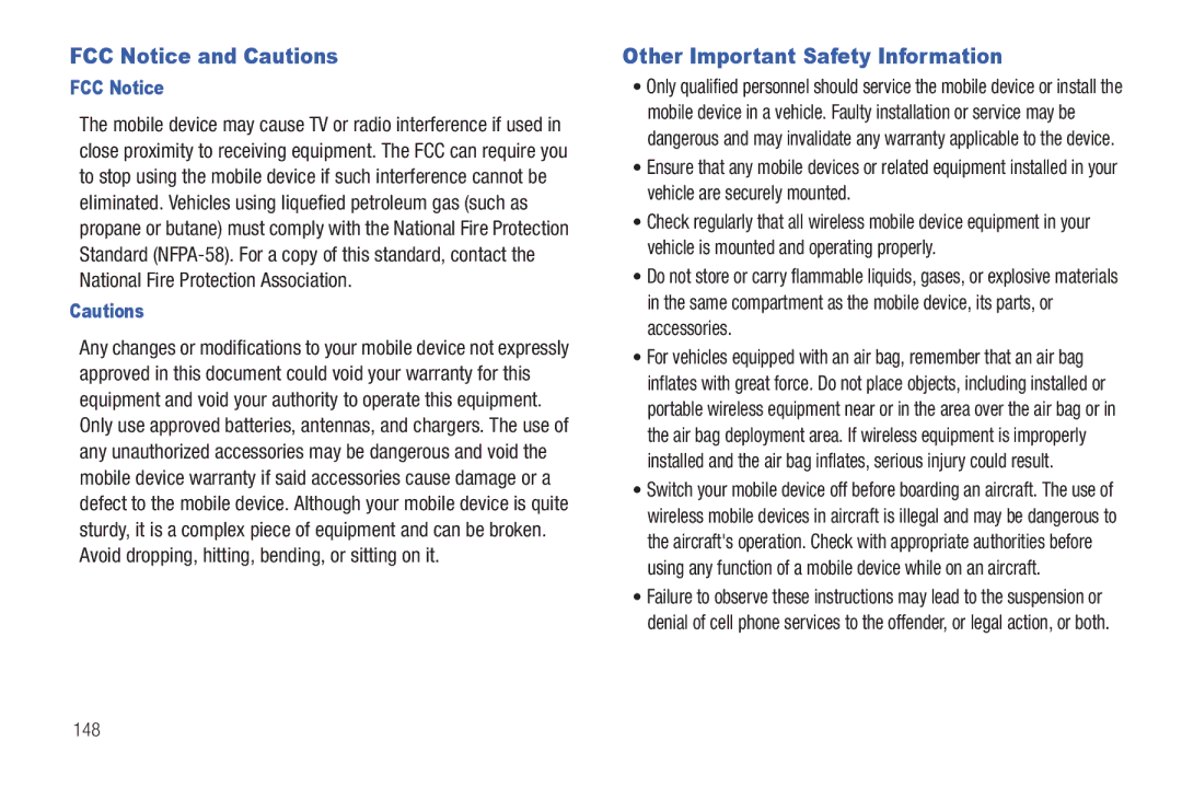 Samsung GH68-32785A user manual FCC Notice and Cautions, Other Important Safety Information, 148 