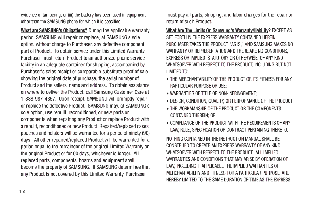 Samsung GH68-32785A user manual Warranties of Title or NON-INFRINGEMENT, 150 