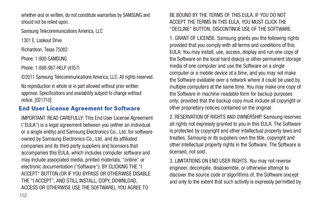 Samsung GH68-32785A user manual End User License Agreement for Software, 152 